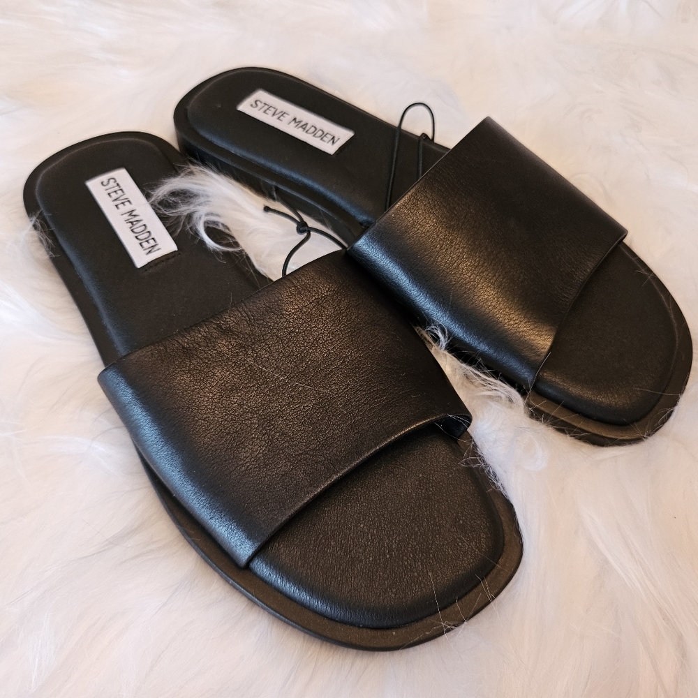 Steve Madden Women's Black Leather Slides, Size 6, NWOT
